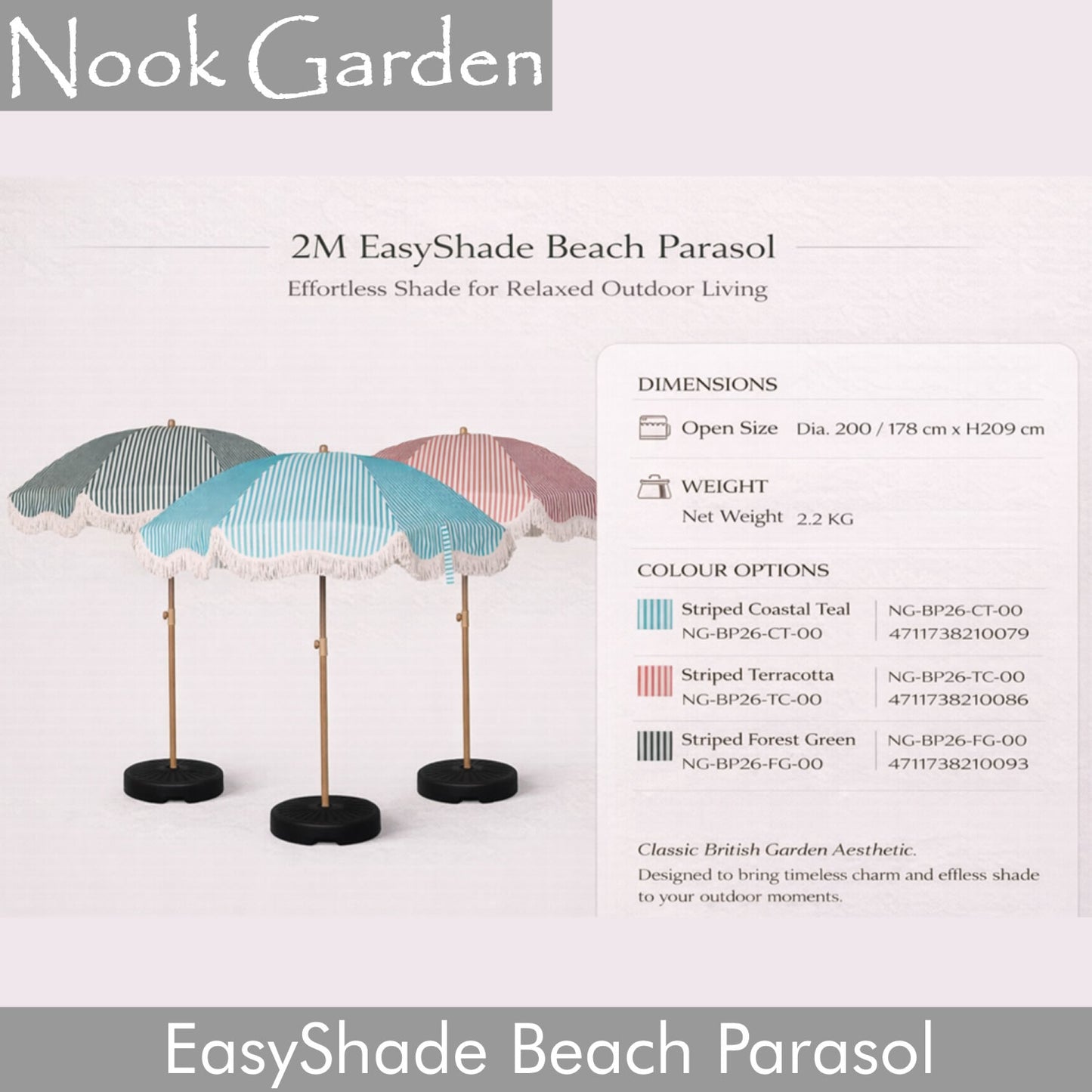 Beach Parasol - Tiltable Function - 2m - Striped Terracotta