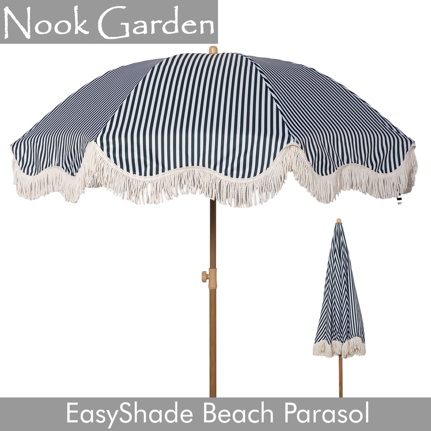 Beach Parasol - Tiltable Function - 2m - Striped Forest Green