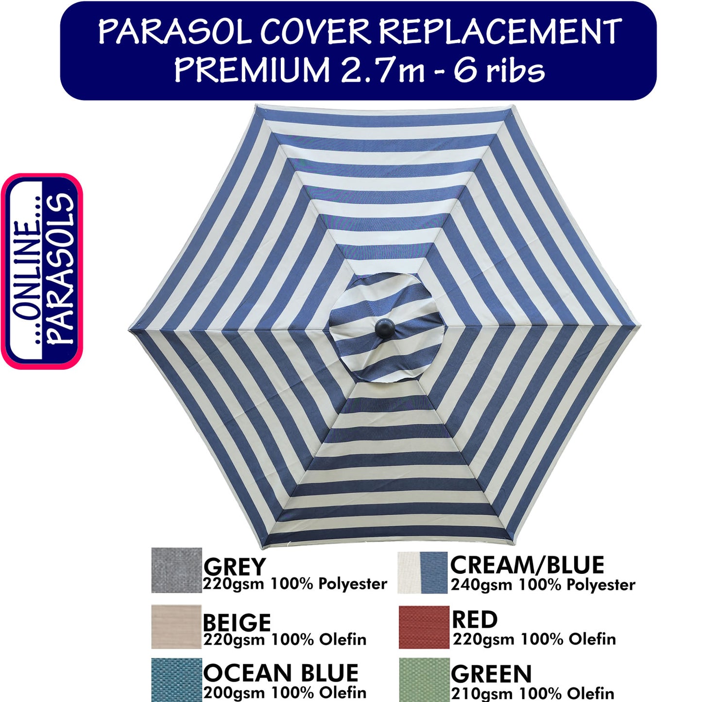 Garden Parasol Replacement Cover - 2.7m 6 Ribs
