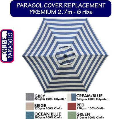 Garden Parasol Replacement Cover - 2.7m 6 Ribs