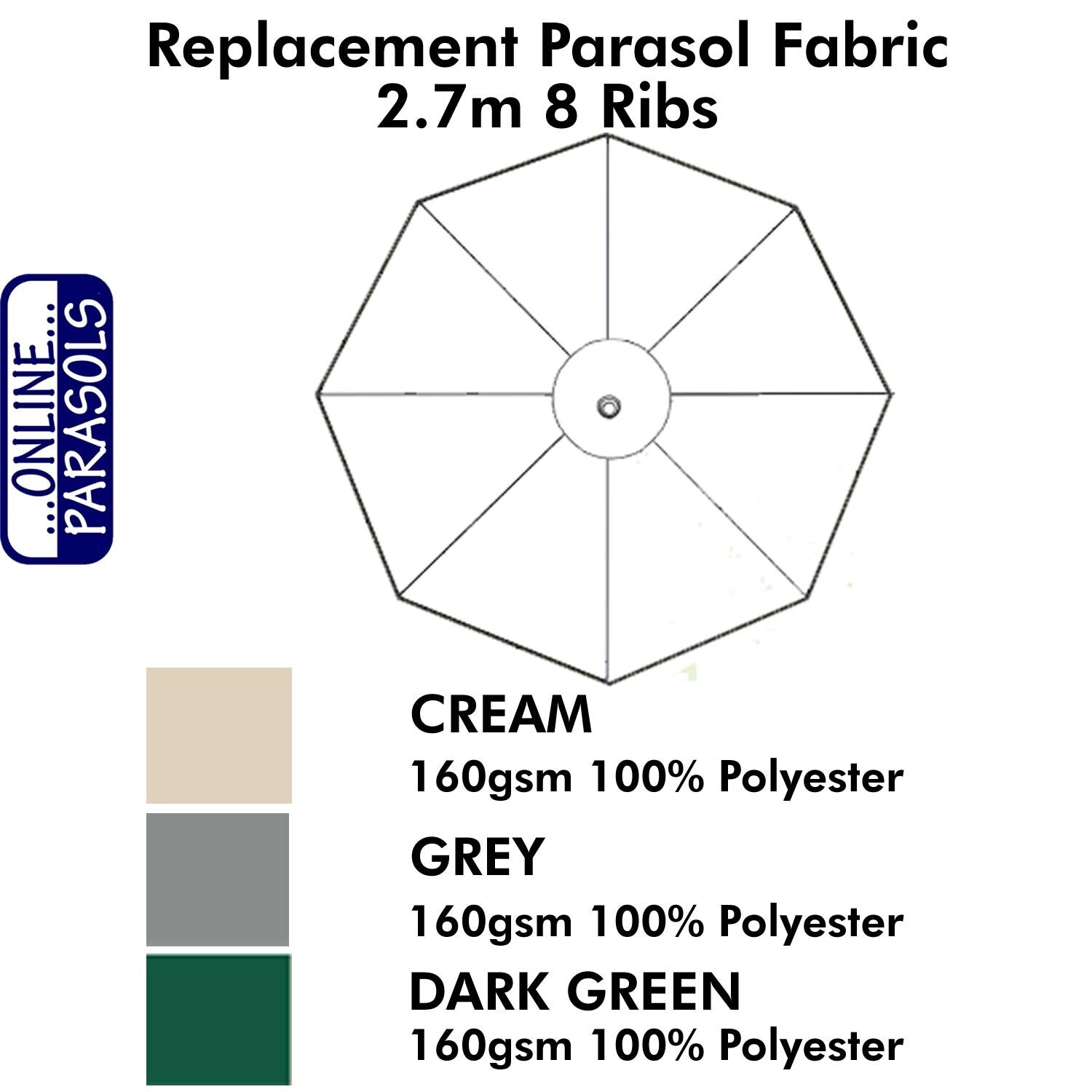 Garden Parasol Replacement Cover - 2.7m 8 Ribs