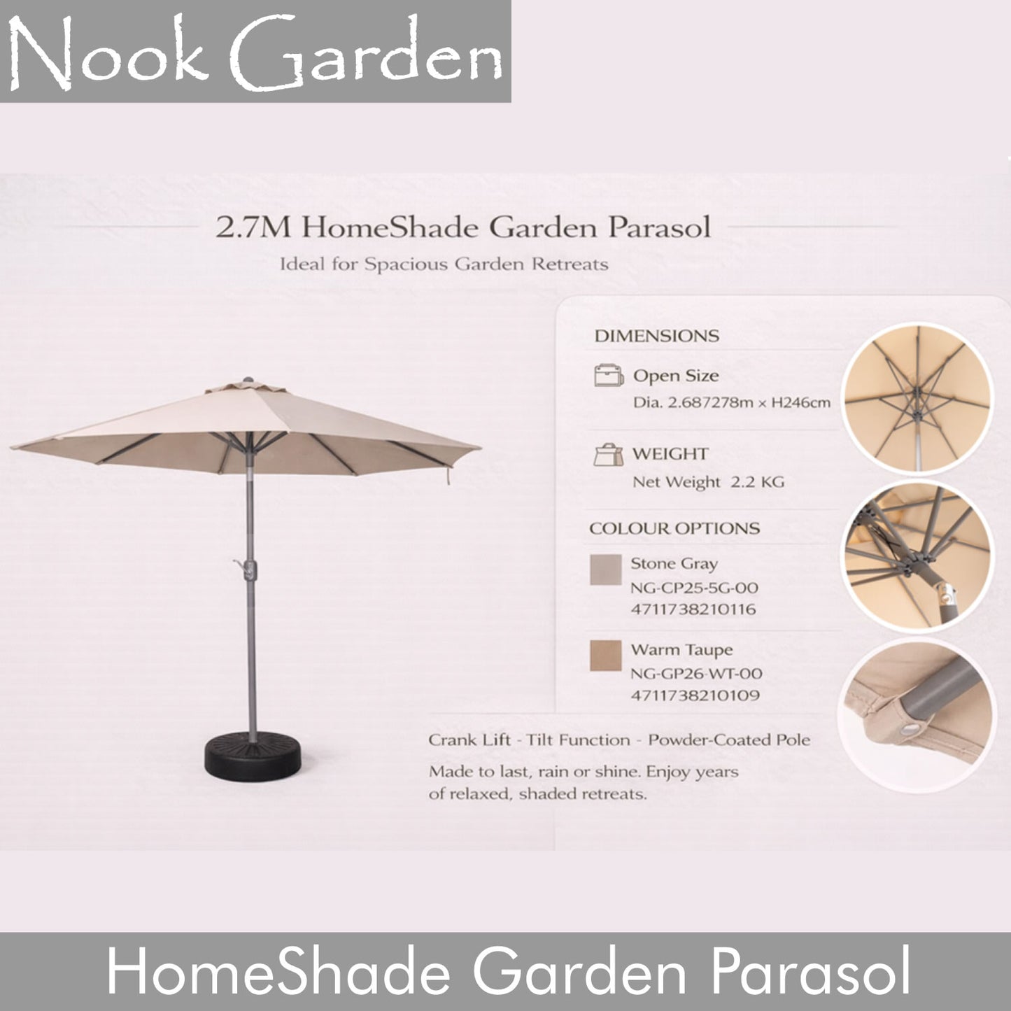 Garden Parasol - Tiltable Function - 2.7m - Stone Grey