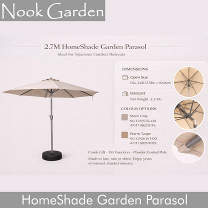 Garden Parasol - Tiltable Function - 2.7m - Stone Grey