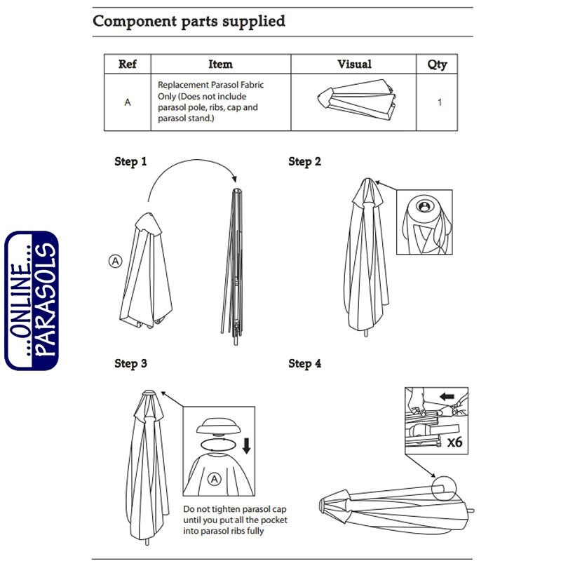 Garden Parasol Replacement Cover - 2.4m 6 Ribs